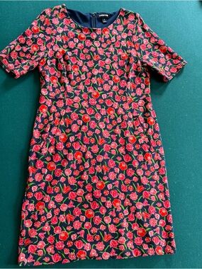 Lands' End Deep Sea Navy Tulips Ponte Knit Sheath Dress Pockets Size 12 Spring